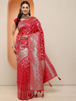 Libas - Women Red Woven Design Stone Work Silk Blend Saree with Unstitched Blouse