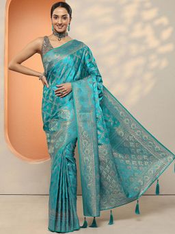 Libas - Women Sky Blue Woven Design Stone Work Silk Blend Saree with Unstitched Blouse