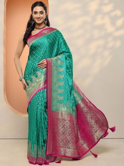 Libas - Women Green Woven Design Stone Work Silk Blend Saree with Unstitched Blouse