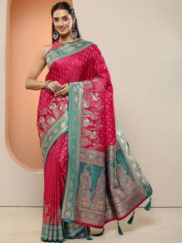 Libas - Women Fuchsia Pink Woven Design Stone Work Silk Blend Saree with Unstitched Blouse