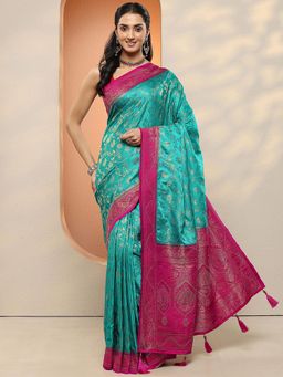 Libas - Women Blue Woven Design Stone Work Silk Blend Saree with Unstitched Blouse