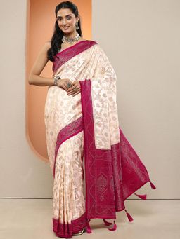 Libas - Women Cream Woven Design Stone Work Silk Blend Saree with Unstitched Blouse