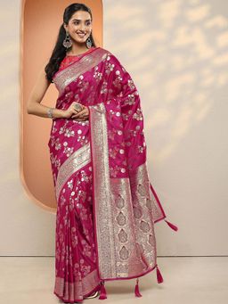 Libas - Women Pink Floral Woven Design Silk Blend Saree with Unstitched Blouse