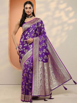 Libas - Women Purple Floral Woven Design Silk Blend Saree with Unstitched Blouse