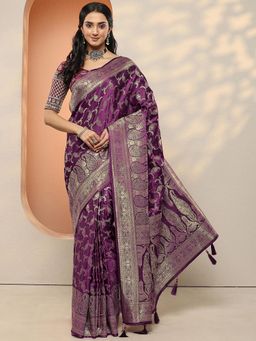 Libas - Women Wine Woven Design Stone Work Silk Blend Saree with Unstitched Blouse