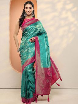 Libas - Women Green Woven Design Stone Work Silk Blend Saree with Unstitched Blouse