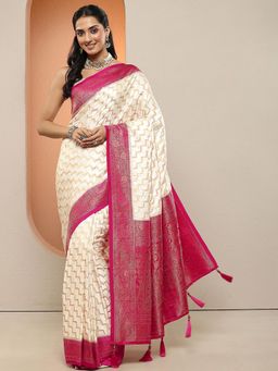 Libas - Women Off White Woven Design Stone Work Silk Blend Saree with Unstitched Blouse