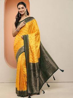 Libas - Women Yellow Woven Design Stone Work Silk Blend Saree with Unstitched Blouse