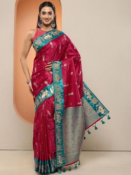 Libas - Women Red Woven Design Silk Blend Saree with Unstitched Blouse