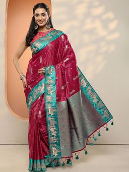 Libas - Women Maroon Woven Design Silk Blend Saree with Unstitched Blouse
