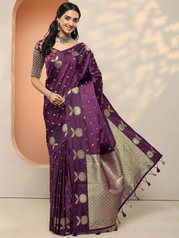 Libas - Women Purple Floral Woven Design Silk Blend Saree with Unstitched Blouse