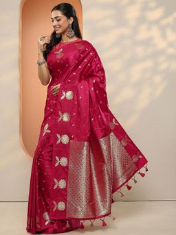 Libas - Women Hot Pink Floral Woven Design Silk Blend Saree with Unstitched Blouse