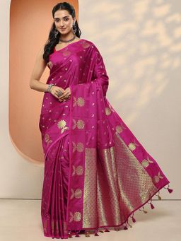 Libas - Women Magenta Floral Woven Design Silk Blend Saree with Unstitched Blouse
