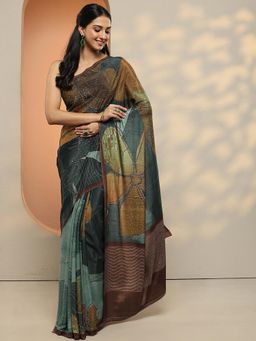 Libas - Women Green Floral Printed Silk Blend Saree with Unstitched Blouse