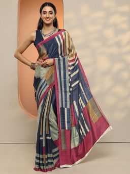 Libas - Women Multi-Color Stripes Printed Silk Blend Saree with Unstitched Blouse