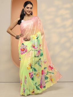 Libas - Women Yellow Floral Printed Silk Blend Saree with Unstitched Blouse
