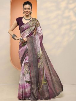 Libas - Women Purple Floral Printed Beads Work Saree with Unstitched Blouse