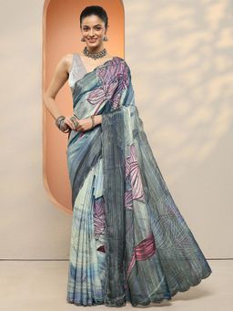 Libas - Women Navy Blue Floral Printed Beads Work Saree with Unstitched Blouse
