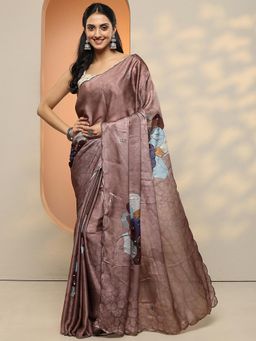 Libas - Women Brown Printed Beads Work Silk Blend Saree with Unstitched Blouse