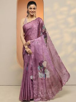 Libas - Women Purple Printed Beads Work Silk Blend Saree with Unstitched Blouse