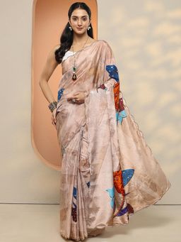 Libas - Women Beige Floral Printed Sequined Silk Blend Saree with Unstitched Blouse