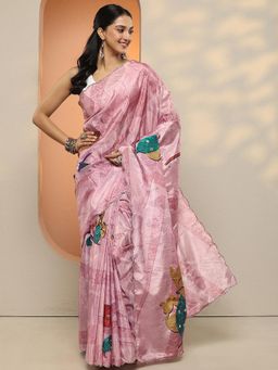 Libas - Women Pink Floral Printed Sequined Silk Blend Saree with Unstitched Blouse