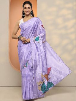 Libas - Women Lavender Floral Printed Sequined Silk Blend Saree with Unstitched Blouse