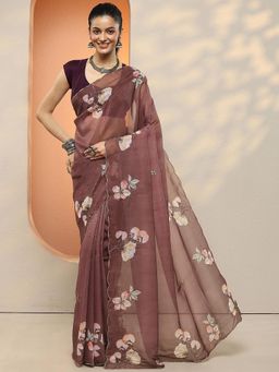 Libas - Women Brown Floral Printed Sequined Work Saree with Unstitched Blouse