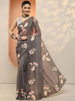 Libas - Women Grey Floral Printed Sequined Work Saree with Unstitched Blouse