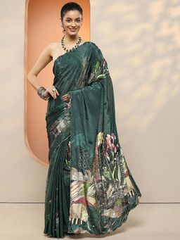 Libas - Women Green Floral Printed Beads Work Saree with Unstitched Blouse