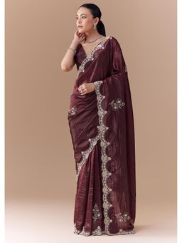 KALKI FASHION - Women Maroon Tissue Sequined Embellished Saree with Unstitched Blouse