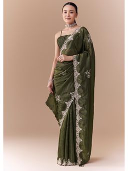 KALKI FASHION - Women Olive Crush Tissue Embellished Sequined Saree with Unstitched Blouse