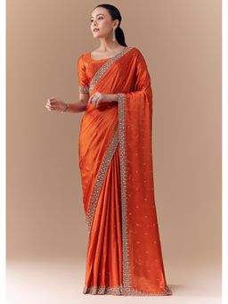 KALKI FASHION - Women Orange Embellished Mirror Work Saree with Unstitched Blouse