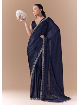 KALKI FASHION - Women Navy Blue Chinon Sequined Stone Work Saree with Unstitched Blouse