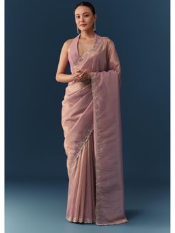 KALKI FASHION - Women Rose Pink Organza Sequined Stone Work Saree with Unstitched Blouse