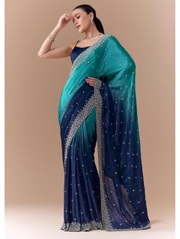 KALKI FASHION - Women Blue and Navy Blue Ombre Sequined Saree with Unstitched Blouse