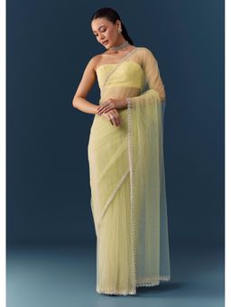 KALKI FASHION - Women Yellow Solid Embellished Net Saree with Unstitched Blouse