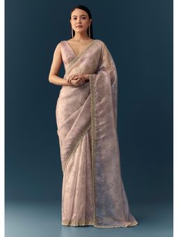 KALKI FASHION - Women Mauve Floral Beads and Stone Work Tissue Saree with Unstitched Blouse
