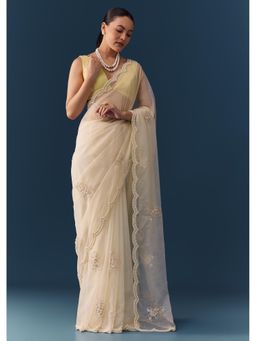 KALKI FASHION - Women Ivory Organza Sequined Beads Work Saree with Unstitched Blouse