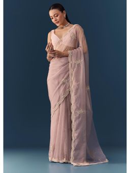 KALKI FASHION - Women Light Pink Organza Sequined Beads Work Saree with Unstitched Blouse