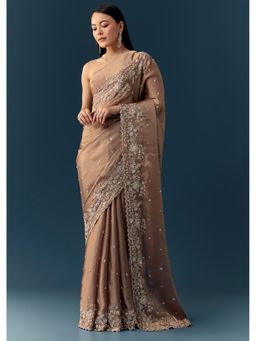 KALKI FASHION - Women Dark Beige Tissue Sequined Cutwork Saree with Unstitched Blouse