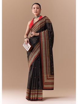KALKI FASHION - Women Black Cotton Linen Embroidered Saree with Unstitched Blouse