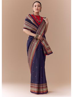 KALKI FASHION - Women Navy Blue Cotton Linen Embroidered Saree with Unstitched Blouse