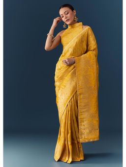 KALKI FASHION - Women Yellow Dola Silk Woven Zari Saree with Unstitched Blouse