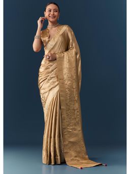 KALKI FASHION - Women Gold Zari Weave Woven Saree with Unstitched Blouse