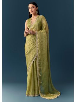 KALKI FASHION - Women Olive Sequined Tissue Saree with Unstitched Blouse