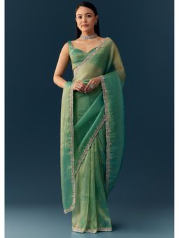 KALKI FASHION - Women Sea Green Sequined Tissue Saree with Unstitched Blouse