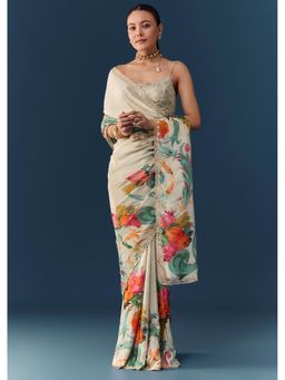 KALKI FASHION - Women Off White Silk Floral Printed Mirror Work Saree with Unstitched Blouse