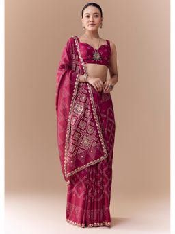 KALKI FASHION - Women Wine Crepe Bandhani Printed Mirror Work Saree with Unstitched Blouse
