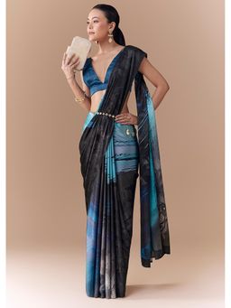 KALKI FASHION - Women Multi-Color Shaded Printed Stone Work Satin Saree with Unstitched Blouse